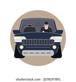 The bodyguard driver is driving a steep navy blue SUV. Bandit. Front view. Vector illustration.