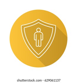 Bodyguard Flat Linear Long Shadow Icon. Man Inside Protection Shield. Vector Line Symbol