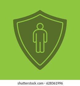 Bodyguard glyph color icon. Silhouette symbol. Protection shield with man. Negative space. Vector isolated illustration