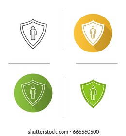 Bodyguard icon. Flat design, linear and glyph color styles. Man inside protection shield. Isolated vector illustrations