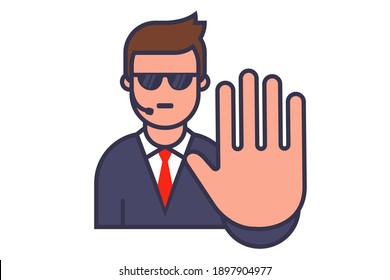 Bodyguard Icon With Sunglasses And Walkie-talkie. Show Stop Hand Gesture. Flat Vector Character Illustration.