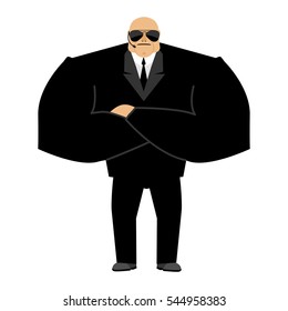 Bodyguard isolated. Security guard face control of nightclub. Black suit and hands-free. protection person on white background
