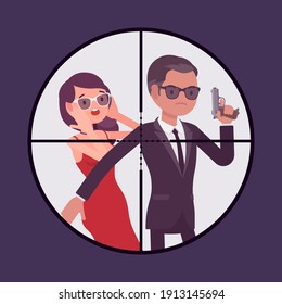 Bodyguard man protecting important famous woman, optical sniper sight. Focus aiming to vip celebrity, attractive lady in danger, view through telescopic circle. Vector flat style cartoon illustration