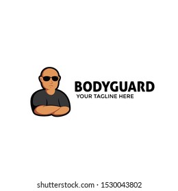 Bodyguard mascot logo with bald muscular character illustration wears black sun glass shade