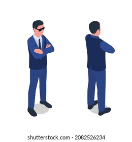 Bodyguard personal protection security officer isometric character in uniform armored vest standing upright controlling situation vector illustration