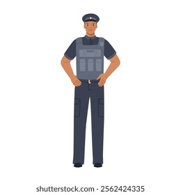 Bodyguard or policeman wearing protective bulletproof vest. Vector flat cartoon character, isolated man working in law enforcement. Officer man personage in uniform, guardian or special force