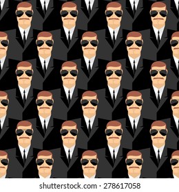 Bodyguard. Seamless pattern of men in glasses. Secret agents. Security service. Vector background of people
