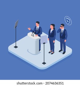 Bodyguard secret security service agent protecting president prominent politician delivering speech onstage isometric composition background vector illustration