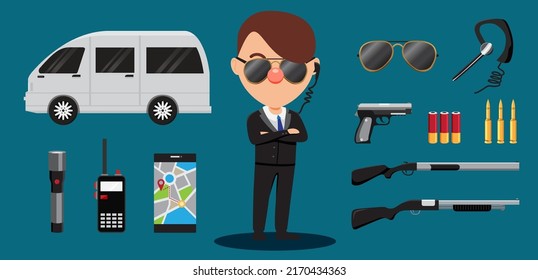 Bodyguard Secret Security Service Agent With Professional Equipment Set. Bodyguard Personal Protection Security Officer Character In Black Suit