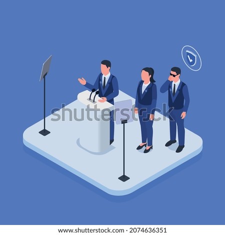 Bodyguard secret security service agent protecting president prominent politician delivering speech onstage isometric composition background vector illustration