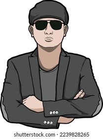 Bodyguard. Security man icon. Bouncer in sunglasses. Bouncer in a black suit and sun glasses