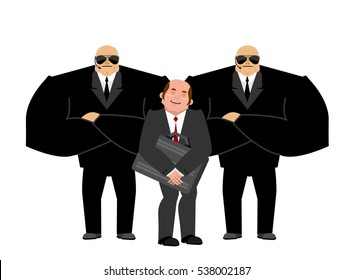 Bodyguard Services and businessman with suitcase. VIP protection. Black suit and hands-free. Strong Security on white background. customer protection and professional team work