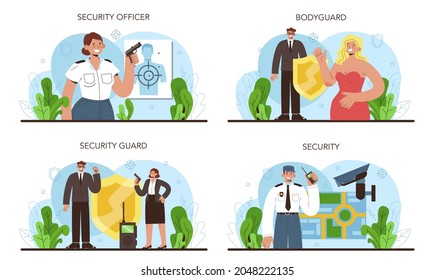 Bodyguard set. Surveillance and ptrotection of a customer or an object. Security guard in uniform guiding a client for a safety. Guard department monitoring a cctv. Vector flat illustration