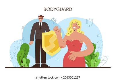 Guardaespaldas. Vigilancia y protección de un cliente o un objeto. Guardia de seguridad con uniforme que orienta a un cliente para su seguridad. El departamento de guardia vigila una cctv. Ilustración plana del vector