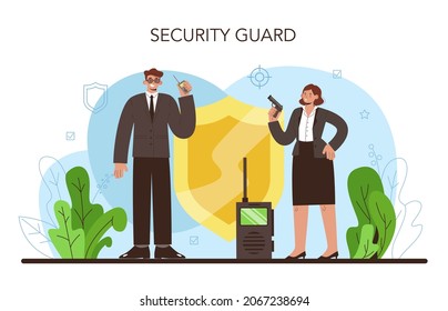 Bodyguard. Surveillance and ptrotection of a customer or an object. Security guard in uniform guiding a client for a safety. Guard department monitoring a cctv. Vector flat illustration