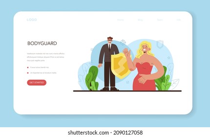 Bodyguard web banner or landing page. Surveillance and ptrotection of a customer or an object. Security guard in uniform. Guard department monitoring a cctv. Vector flat illustration