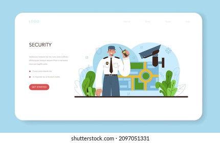 Bodyguard web banner or landing page. Surveillance and ptrotection of a customer or an object. Security guard in uniform. Guard department monitoring a cctv. Vector flat illustration