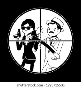 Bodyguard woman protecting important famous man in sniper optical sight. Focus aiming to vip celebrity, mafia boss, telescopic circle view. Vector illustration, black, white ink pen line art drawing