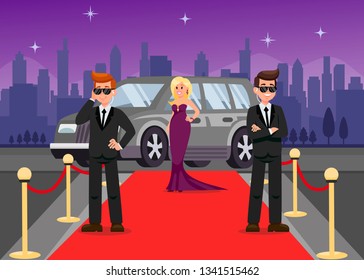 Bodyguards and Celebrity Cartoon Characters. Guardians protect Elegant Lady Flat Vector Illustration. VIP Guardians at work on Red Carpet Color drawing. Security Agency Armoured Vehicle