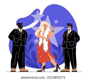 Bodyguards with celebrity concept. Men in suits stand next to woman in red dress. Young beautiful girl. Famous and popular personality with guard workers. Cartoon flat vector illustration