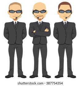 Bodyguards men team working in security with crossed arms wearing same black suit sunglasses and headset