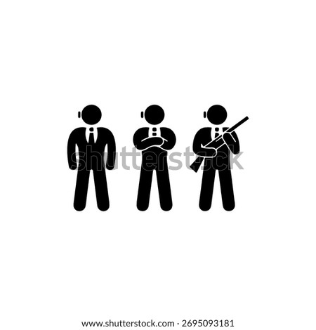 Bodyguards and security. Agents in suits. Man team with rifle. Stick figure illustration.