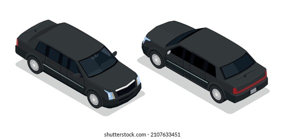 Bodyguards security service transport two full black luxury sedan armoured vehicles isolated isometric image vector illustration