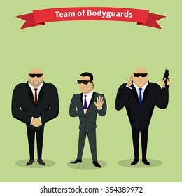 Bodyguards Team People Group Flat Style. Security And Security Guards, Security Man, Secret Service, Protection And Professional Teamwork Illustration