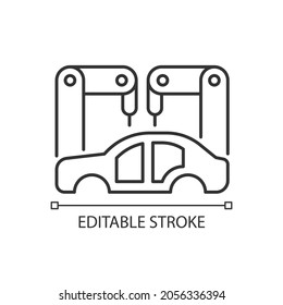 Body-in-white Manufacturing Linear Icon. Assembling Car Body. Automotive Manufacturing Stage. Thin Line Customizable Illustration. Contour Symbol. Vector Isolated Outline Drawing. Editable Stroke