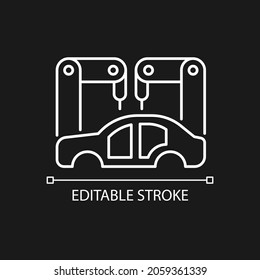 Body-in-white manufacturing white linear icon for dark theme. Automotive manufacturing stage. Thin line customizable illustration. Isolated vector contour symbol for night mode. Editable stroke