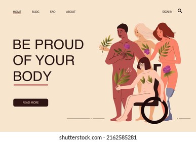 Bodypositive banner on website with different women vector illustration. Female accept her body. Disabled nude girls with flowers. Handicapped young lady in glasses. Feminist movement. Proud of body.