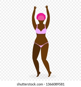 Bodypositive Beautiful African Woman in Swimsuit Isolated on Transparent Background. Body Positive Movement and Beauty Diversity. Body Acception, Active Lifestyle. Cartoon Flat Vector Illustration.