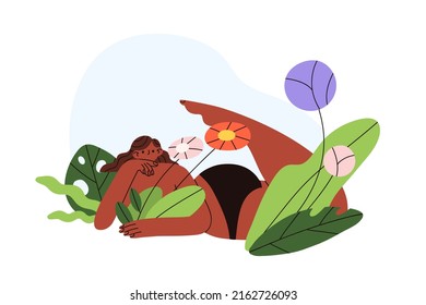 Body-positive black woman in flowers. Happy figure of female in nature. Person lying, relaxing in plants. Women health concept. Flat vector illustration isolated on white background.