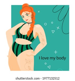 Body-positive Chubby Girl In A Bikini Swimsuit. A Plump, Large Model With Tattoos On Her Body In The Form Of Organic Elements. Stylish Bright Girl. Flat Vector Illustration.