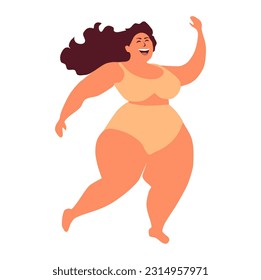 Bodypositive concept. Beautiful young active woman plus size happy provocatively dancing in a bikini. Modern vector illustration cartoon character flat style