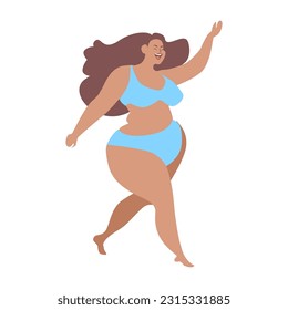 Bodypositive concept. Beautiful young active woman plus size happy provocatively dancing in a bikini. Modern vector illustration cartoon character flat style