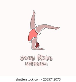 Bodypositive concept. Body positive woman doing yoga, headstand pose. Vector one line illustration