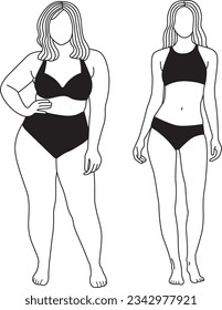 Bodypositive female characters in bikini with plus size and slim figure. Set of two vector line illustrations