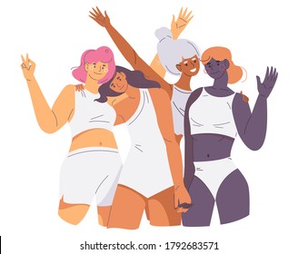 Bodypositive female characters of various skin colors. Smiling women hugging each other in white swimsuits. Vector concept feminism illustration