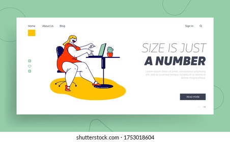 Bodypositive, Femininity Landing Page Template. Corpulent Woman in Short Red Dress Sitting at Office Desk Working on Laptop. Confident Plus Size Female Character Enjoy Life. Linear Vector Illustration