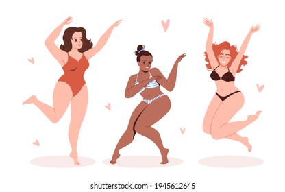 Montaje de ilustraciones planas bodypositivas. Las chicas felices se aman y posan en trajes de baño. Concepto de belleza natural. 