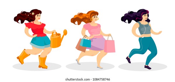 Body-positive fun girls. Cartoon illustration of people characters