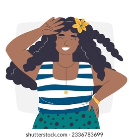 Body-positive girl enjoying being herself. Attractive woman dancing. Happy female character portrait. Hawaiian lady having fun. Fashion magazine cover. Self love hand drawn flat vector illustration