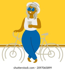 Body-positive girl in a hat with coffee and a bike. Vector flat illustration