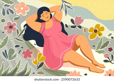 body-positive girl in a summer dress lies on a flower meadow. Happy calm life concept. Vector illustration in modern style