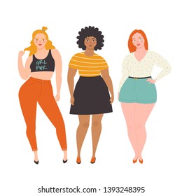 Body-positive girls. Vector illustration of three overweight young women in summer clothes. Isolated on white.