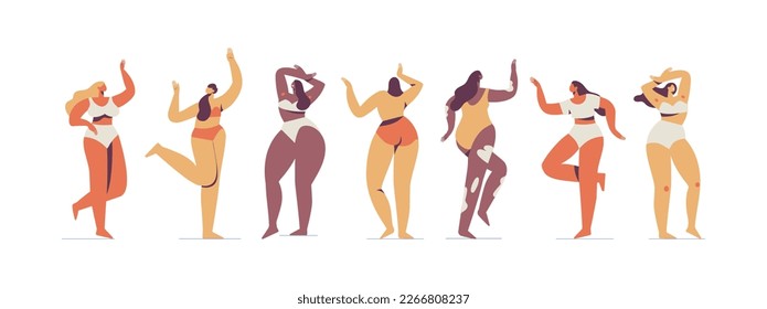 Bodypositive illustration of diffrent body types. Woman in underwear silhouette. Attractive women posing flat vector set. 