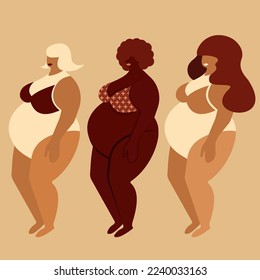 Bodypositive and multiracial women dressed in swimwear isolated on beige. vector illustration.