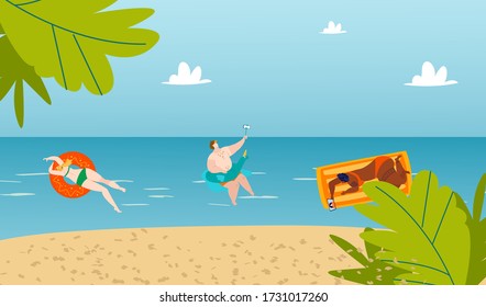 Bodypositive people in summer swimming in sea, beach, seaside, body positive movement and beauty diversity, fat men and women flat vector illustration. Love your body, overweight.