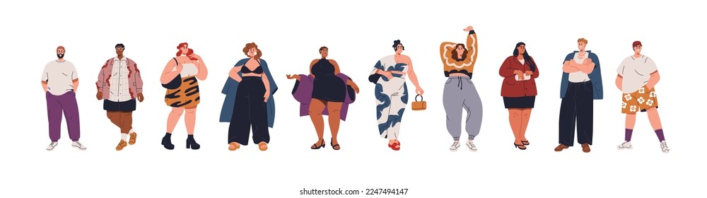 Gente de más tamaño y cuerpo positivo en el conjunto de ropa de moda. Hombres felices, mujeres con cuerpos gordos curvados, con ropa elegante. Personajes modernos y gordos. Ilustraciones vectoriales planas aisladas en fondo blanco